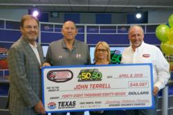 From left: Texas Motor Speedway President Eddie Gossage, John Terrell, Carol Terrell and SCC-Texas Chapter President Carl "Scooter" Gierisch