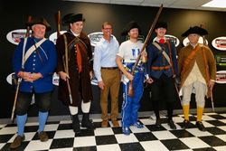 Dale Earnhardt Jr. dons his Revolutionary War garb with NHMS VP/GM David McGrath and Minutemen during his Appreci88tion Tour ceremony on Friday.